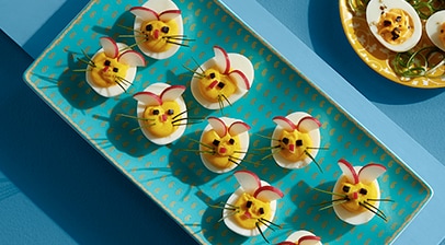 Deviled Eggs decorated as Easter Bunnies
