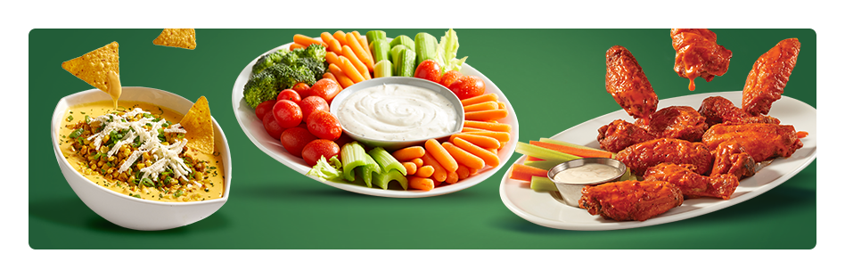 Featuring catering options such as chicken wings, veggie trays, and chip dips.