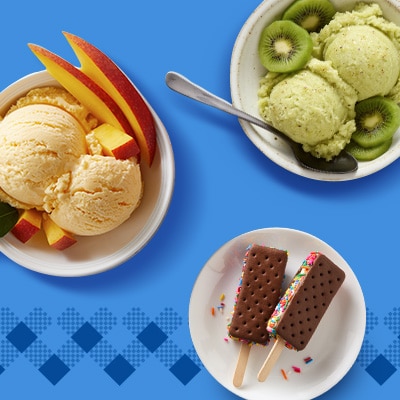 Delicious green kiwi ice cream, peach ice cream with fresh peaches, and a rainbow sprinkled ice cream sandwiches.