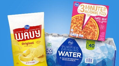 Kroger Brand wavy potato chips, purified bottle water and yummy microwavable pizza.