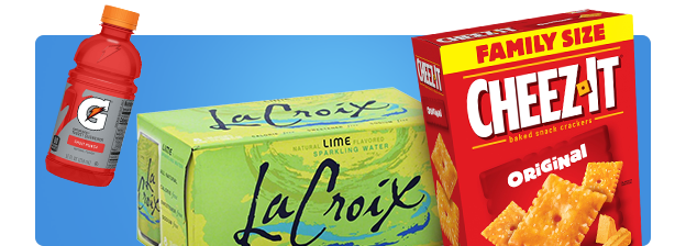 20 ounce Gatorade bottles, La Croix sparking water and family size Cheeze-Its. 