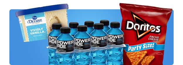 8 pack of blue Powerade, box of Cheese Itz and Kroger Brand vanilla ice cream