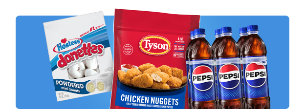 Hostess powdered sugar donettes, Tyson chicken nuggets and Pepsi 6-pack bottles on a blue background.