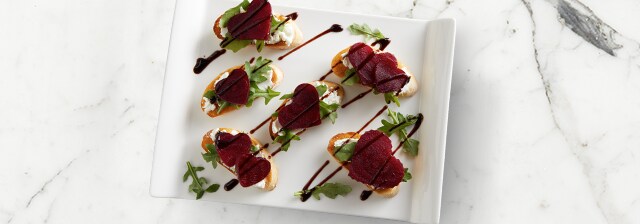 Crostini with Goat Cheese and Roasted Beet Hearts