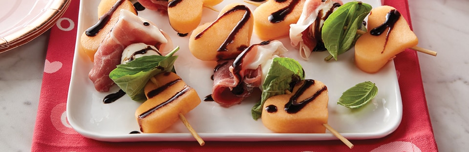 prosciutto, melon and mozzarella skewers