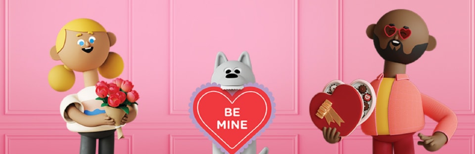 girl holding flowers with dog holding valentine sign with man holding box of chocolate