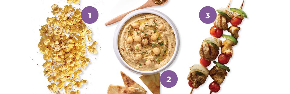 popcorn sprinkled with za’atar, za’tar humus with pita chips, za’atar kabobs