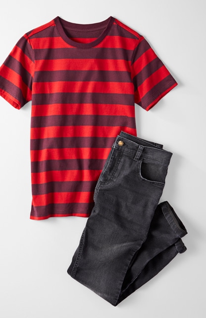 GAP KIDS 7 8 Boys Red Gray Striped Sweater & Denim Skinny