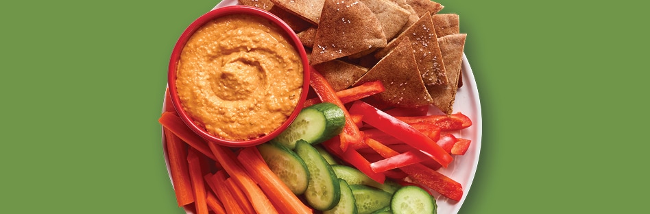 Buffalo Hummus with fresh veggies and pita bread