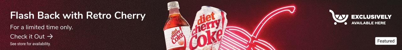Diet Cherry Coke. Flash Back with Retro Cherry. For a limited time only, see store for availability. Check it Out.