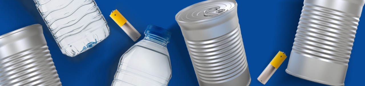 Water bottles, food cans, batteries