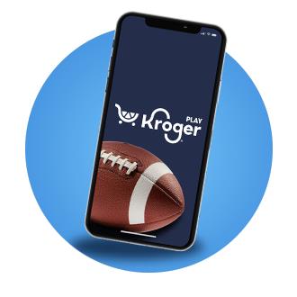 A cell phone with the Kroger Play app open on a blue background.