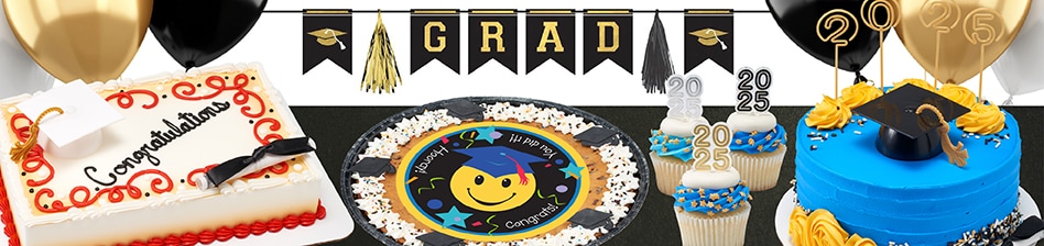 A graduation tablescape with gold and white balloons, grad sign, vanilla congratulations sheet cake, vanilla cupcakes with blue icing and sprinkles with 2025 year, and layered cake with graduation cap décor and blue and gold icing accents.
