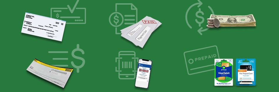 Consolidated representation of all the money services available at Kroger including check cashing, bill pay, money transfers, money orders, account funding, and prepaid cards.
