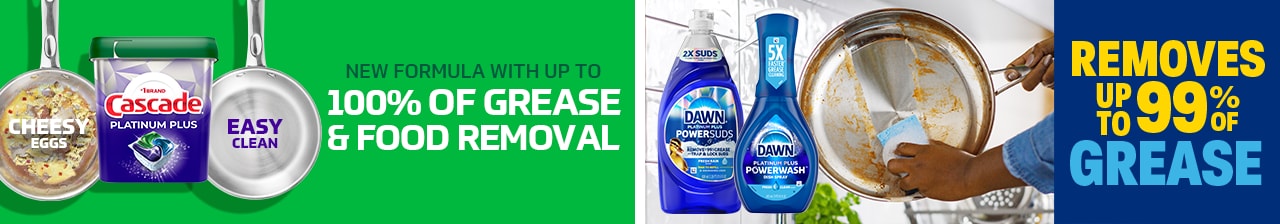New cascade formula with up to 100% of grease & food removal, Dawn removes up to 99% of grease