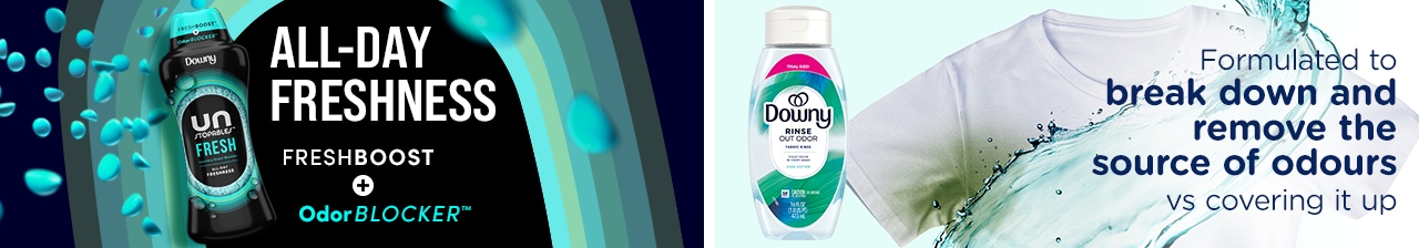 Downy Unstoppable Fresh has all-day freshness. Downy rinse out odor is formulated to break down and remove the source of odors vs covering it up.