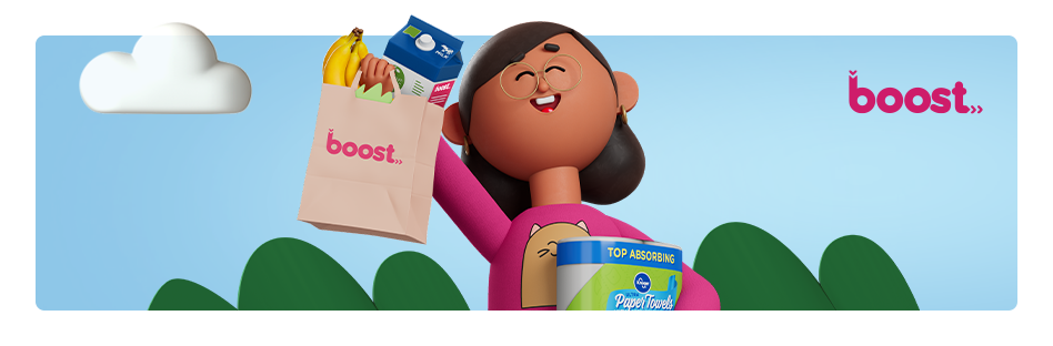 Happy customer holding grocery bag contain the Boost Membership logo.