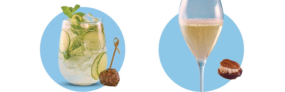 Cucumber and mint spritzer with lamb meatballs. Glass of Prosecco with goat cheese stuffed dates.