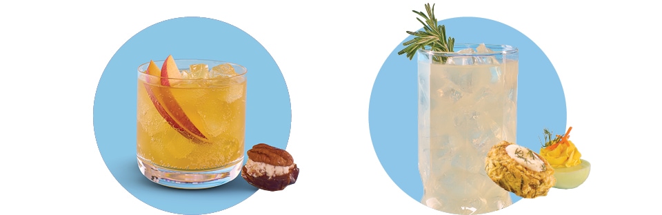 Ginger peach fizz drink with goat cheese stuffed dates. Glass of herbal lemonade with mini crab cakes and pastel deviled eggs.