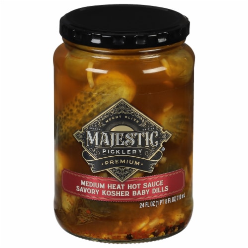 Majestic Picklery Premium Medium Heat Hot Sauce Savory Kosher Baby Dill Pickles Perspective: back