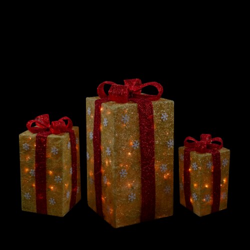 Northlight Set of 3 Lighted Tall Gold Gift Boxes with Red Bows Christmas Outdoor Decorations Perspective: back