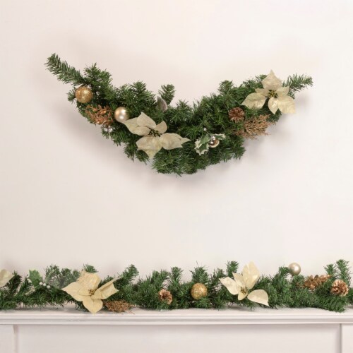 Northlight 6' x 9 Poinsettia and Pinecone Artificial Christmas Garland, Unlit Perspective: back