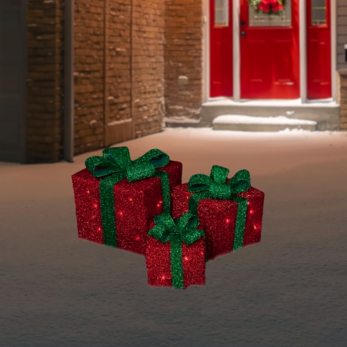 Northlight Set of 3 Lighted Red and Green Tinsel Gift Boxes with Bows Christmas Outdoor Perspective: back