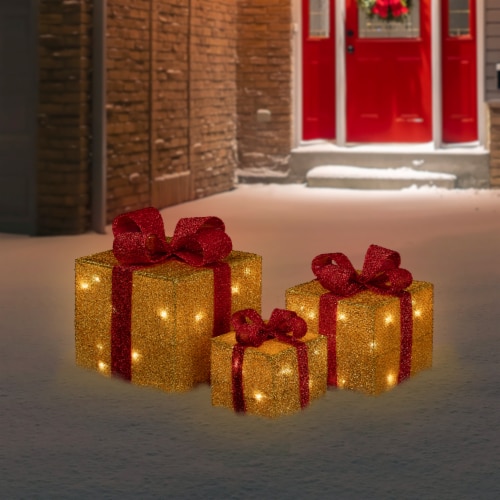 Northlight Set of 3 Gold and Red Gift Boxes with Bows Lighted Christmas Outdoor Decorations Perspective: back