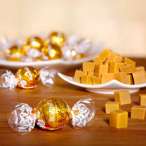 Lindt LINDOR Caramel Milk Chocolate Candy Truffles Perspective: back