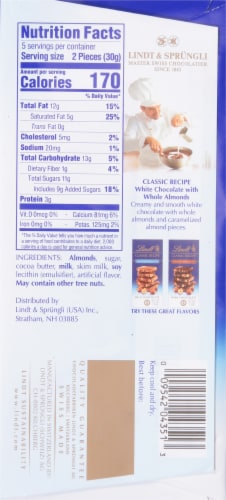 Lindt Ckassic Recipe Whole Almond White Chocolate Bar Perspective: back