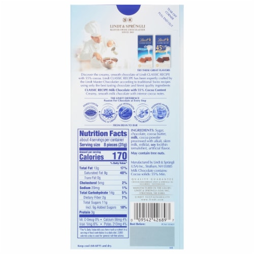 Lindt Classic Recipe 55% Cocoa Milk Chocolate Bar Perspective: back