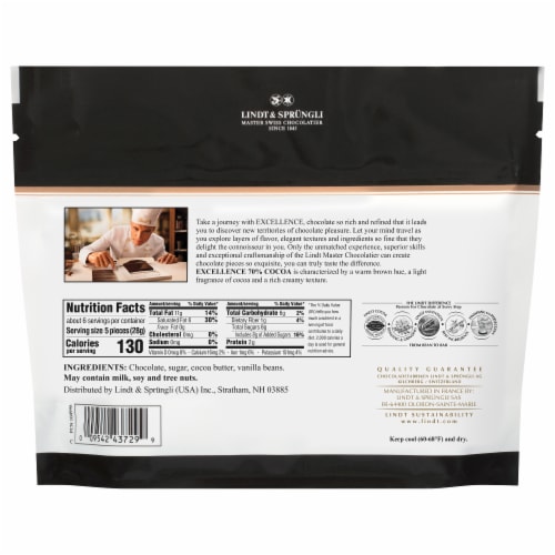 Lindt Excellence 70% Premium Dark Chocolate Wrapped Pieces Perspective: back