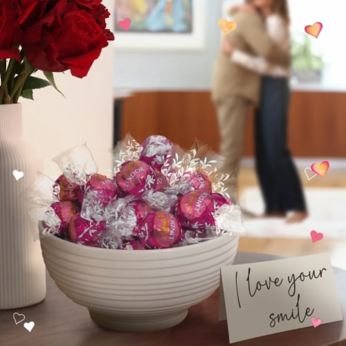 Lindt LINDOR Valentine's Day Raspberry Cheesecake White Chocolate Candy Truffles Bag Perspective: back