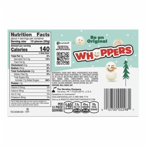 WHOPPERS Snowballs Malted Milk Balls in Vanilla Flavored Creme Candy Holiday Box Perspective: back