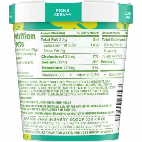 Simple Truth™ Low Cow Pina Colada Lite Ice Cream Carton Perspective: back