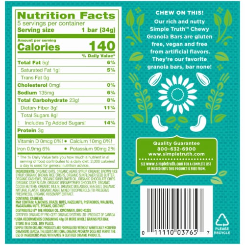 Simple Truth Organic™ Dark Chocolate Chip Cashew & Sunflower Butter Chewy Granola Bars Perspective: back