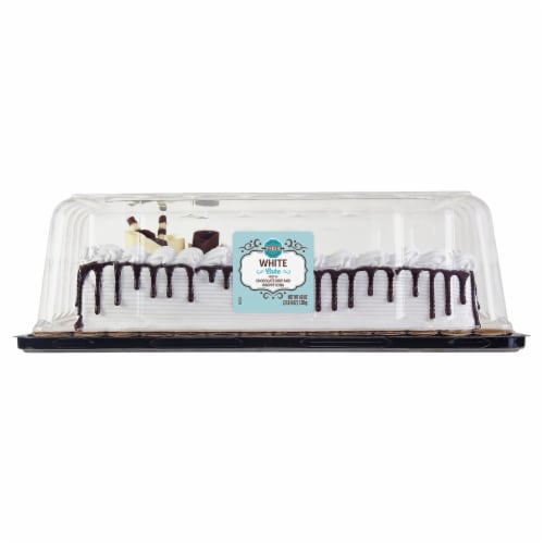 Bakery Fresh Goodness Chocolate Drip White Sheet Cake with Whippy Icing Perspective: back
