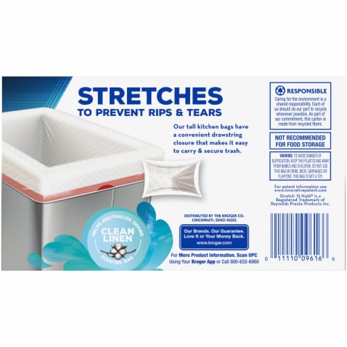 Kroger® Clean Linen Scent Tall Kitchen 13 Gallon Elastic Drawstring Trash Bags Perspective: back
