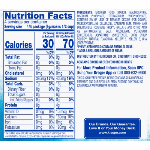 Kroger® Sugar Free Lemon Pudding & Pie Filling Perspective: back