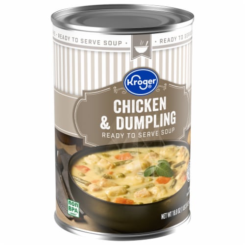 Ready to Serve Chicken and Dumpling Soup Perspective: back