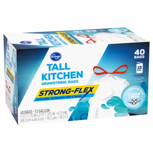 Kroger® 13 Gallon Strong Flex Tall Drawstring Kitchen Bags Clean Linen Scent Perspective: back