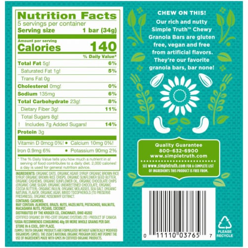 Simple Truth Organic® Dark Chocolate Chip Cashew and Sunflower Butter Chewy Granola Bars Perspective: back