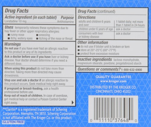 Kroger® Loratadine 24 Hour Allergy Relief Tablets Perspective: back