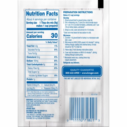 Kroger® Reduced Sodium Original Chili Seasoning Mix Perspective: back
