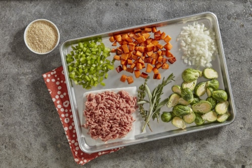 Prep+Pared Turkey Stuffing Meatballs with Brussels Sprouts + Sweet Potatoes Perspective: back