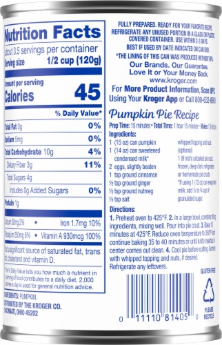 Kroger® 100% Pure Canned Pumpkin Puree Perspective: back