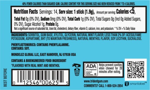 Trident Purely Peppermint Sugar Free Gum Sticks Perspective: back