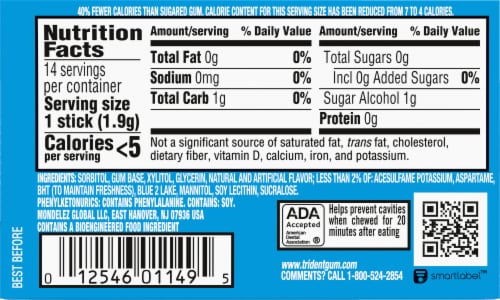 Trident Mint Bliss Sugar Free Gum Perspective: back
