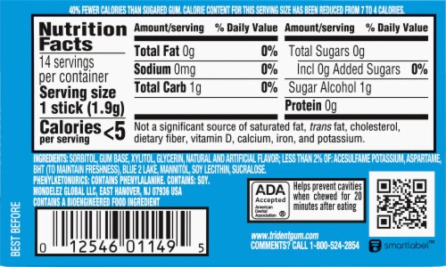 Trident Mint Bliss Sugar Free Gum Perspective: back