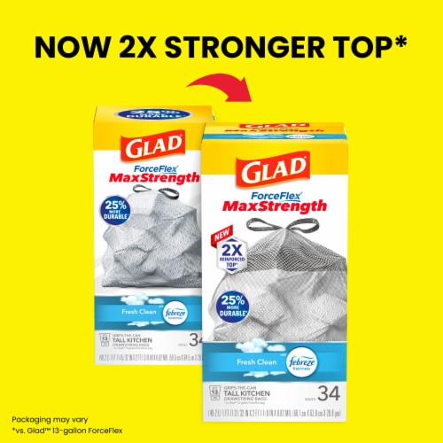 Glad ForceFlex MaxStrength with Febreze Fresh Clean Scent Tall Kitchen Drawstring Trash Bags Perspective: back